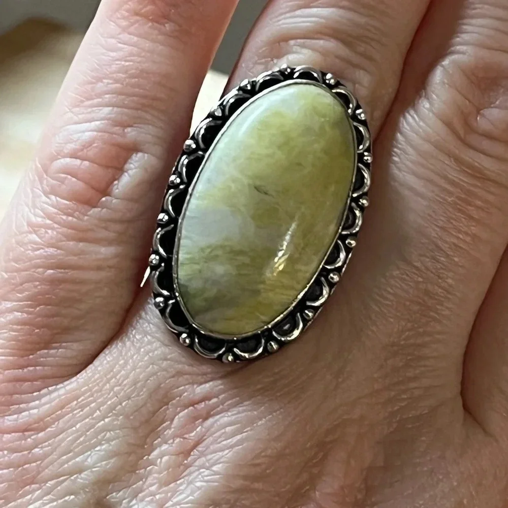 SILVER PLATED GEMSTONE RING SERPENTINE SIZE 6.5